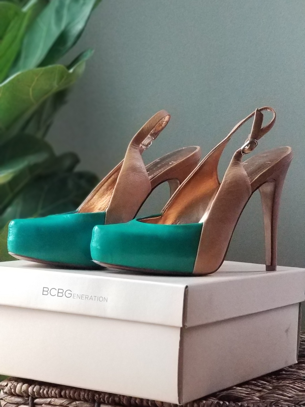 BCBG Teal and Taupe Slingback Platform Heels